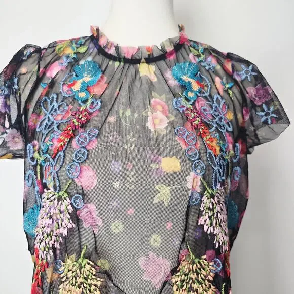 Johnny Was Floral Embroidered Black Mesh Short Sleeve Blouse Boho Whimsigoth - Picture 5 of 10